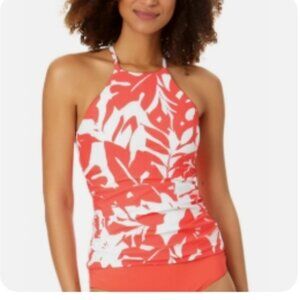 NWT Anne Cole Coral & White Halter Tankini Top, Size Large.